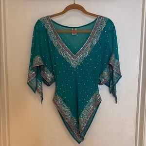 Chic Teal V-Neck Women's Blouse with Silver and Pink Accents